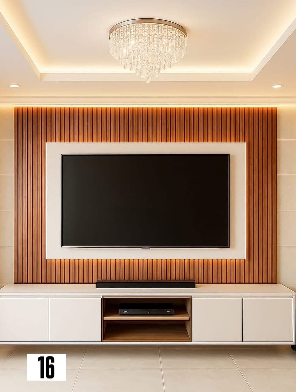 TV entertainment wall with vertical wood slat paneling and integrated lighting