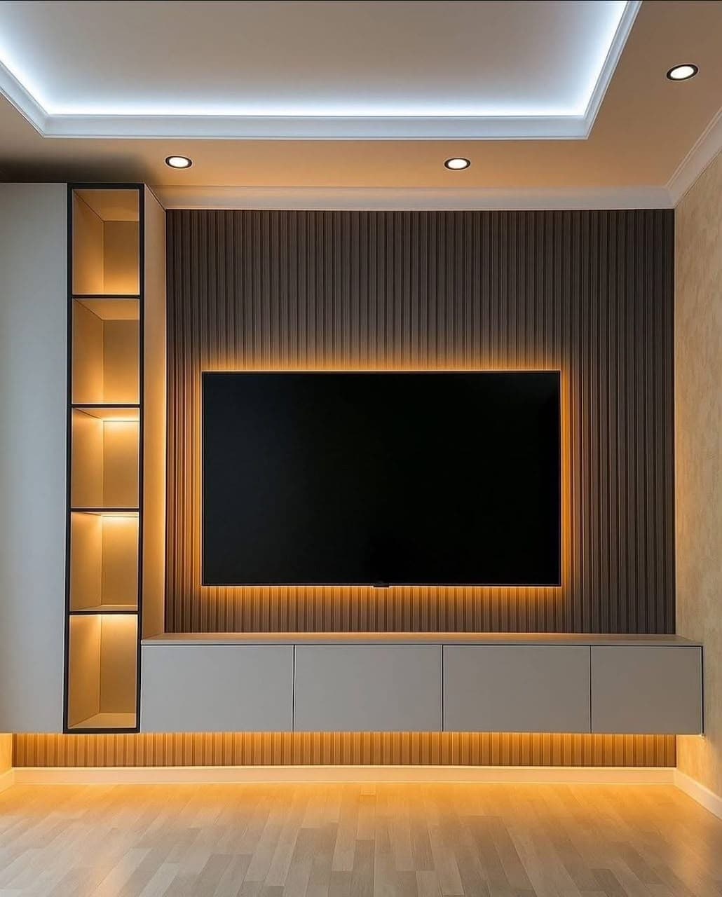 Modern TV unit with orange LED backlighting and open display shelving