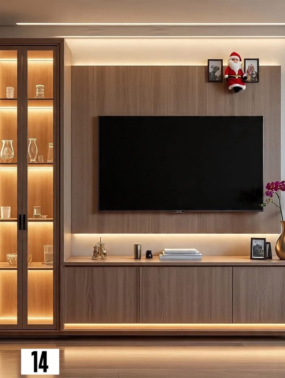 Wood-finish TV unit with glass display cabinet and warm LED strip lighting