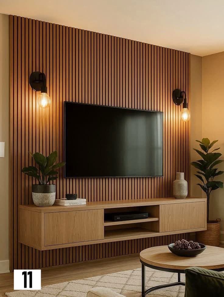 Minimalist TV wall with vertical wood slats and floating media console