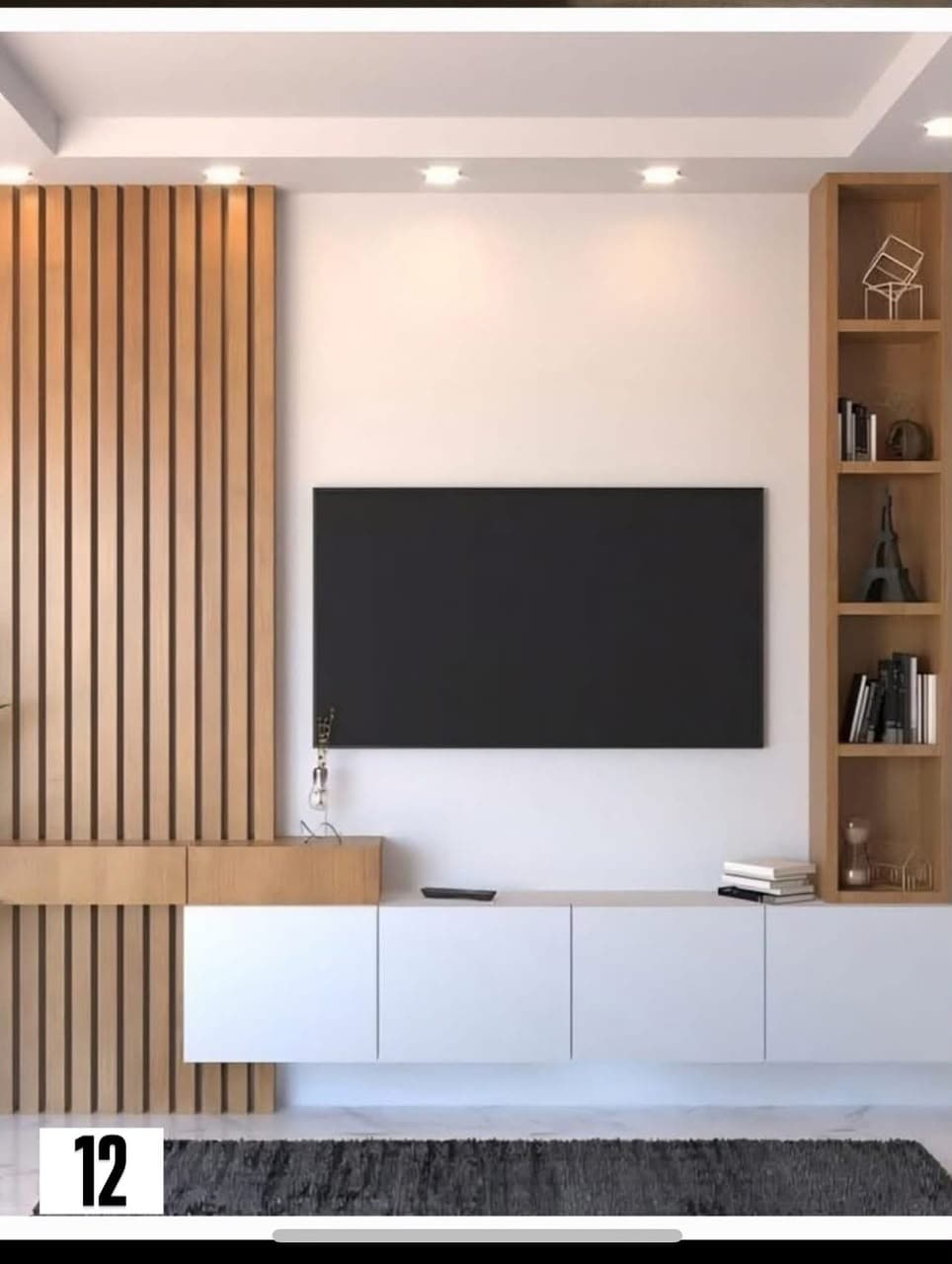 TV unit with integrated wood bookshelf and floating white cabinets